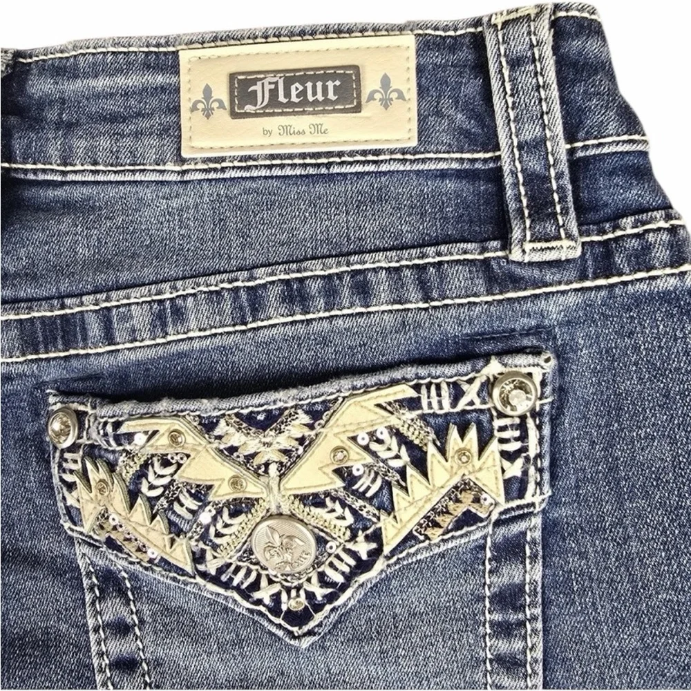 New Fleur by Miss Me Jeans Womens 29 / 8 Blue Medium Wash‎ Slim Wide Embellished - Picture 10 of 13